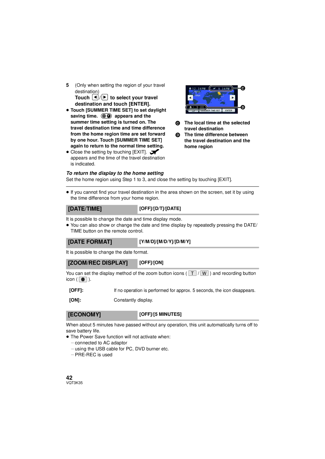 Panasonic HDC-SD800P owner manual Date Format, ZOOM/REC Display OFF/ON, Economy 