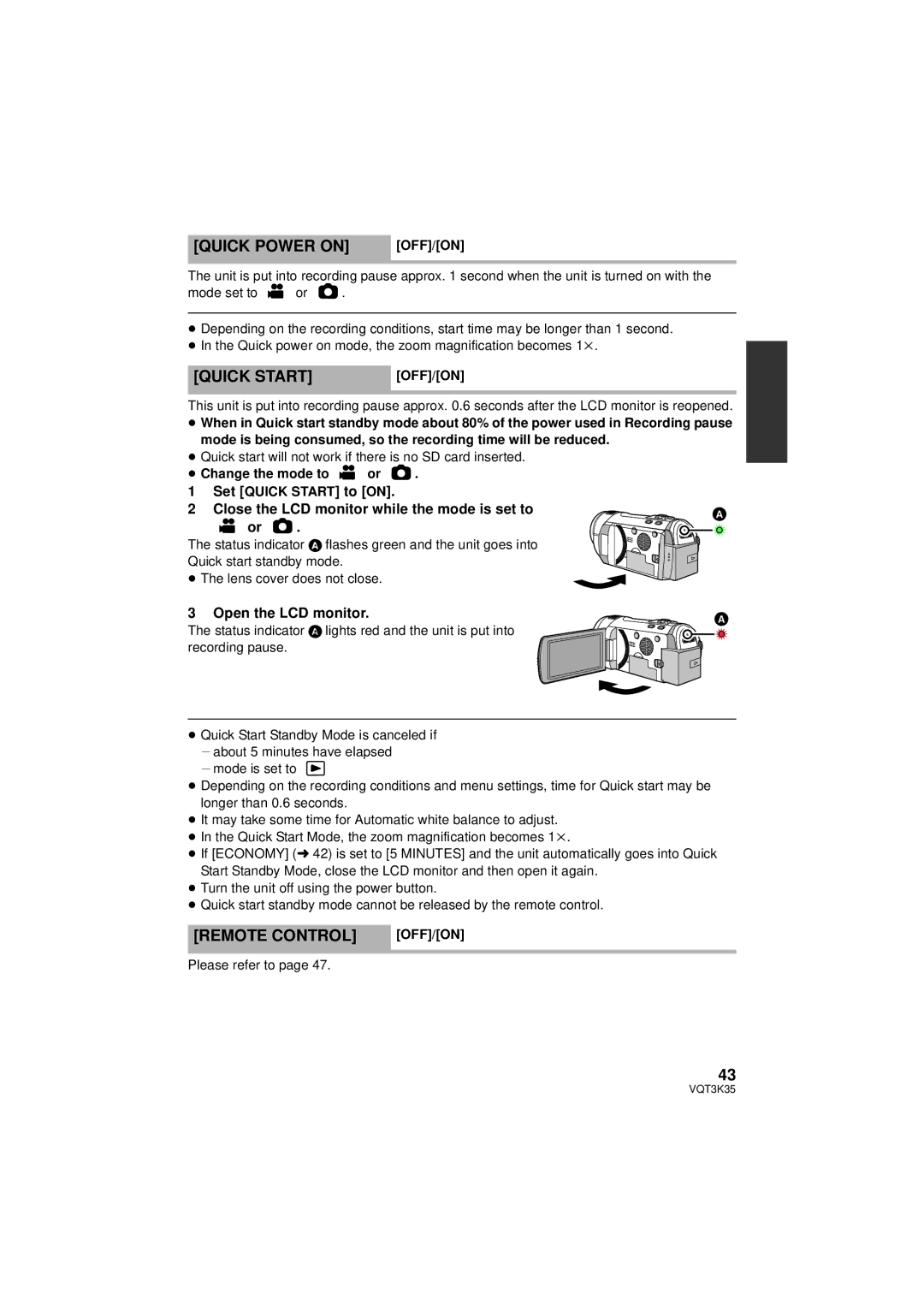 Panasonic HDC-SD800P owner manual Quick Power on, Quick Start, Remote Control, Open the LCD monitor 