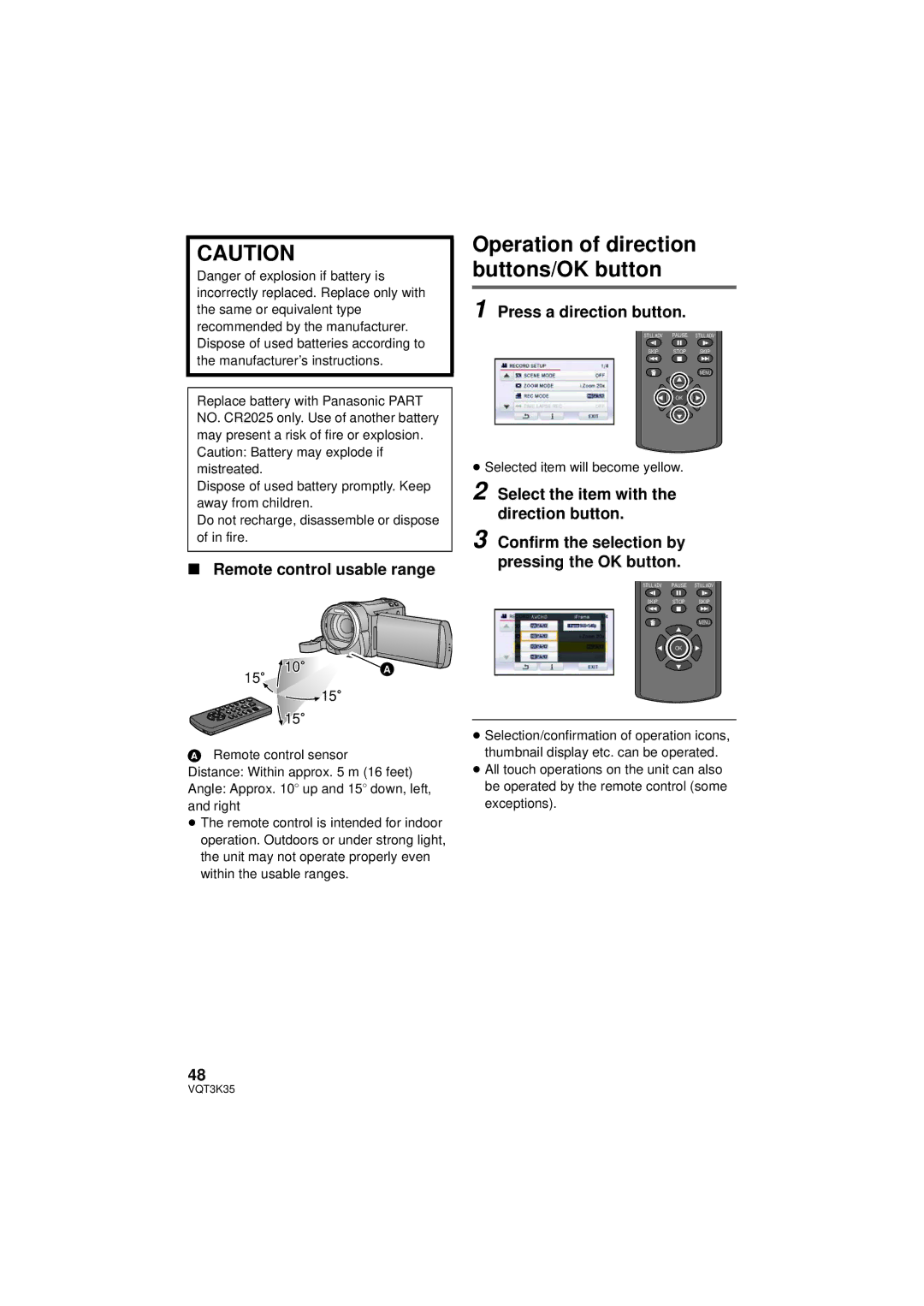 Panasonic HDC-SD800P Operation of direction buttons/OK button, Remote control usable range, Press a direction button 