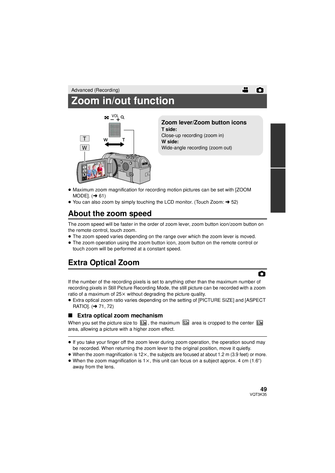 Panasonic HDC-SD800P Zoom in/out function, About the zoom speed, Extra Optical Zoom, Zoom lever/Zoom button icons 