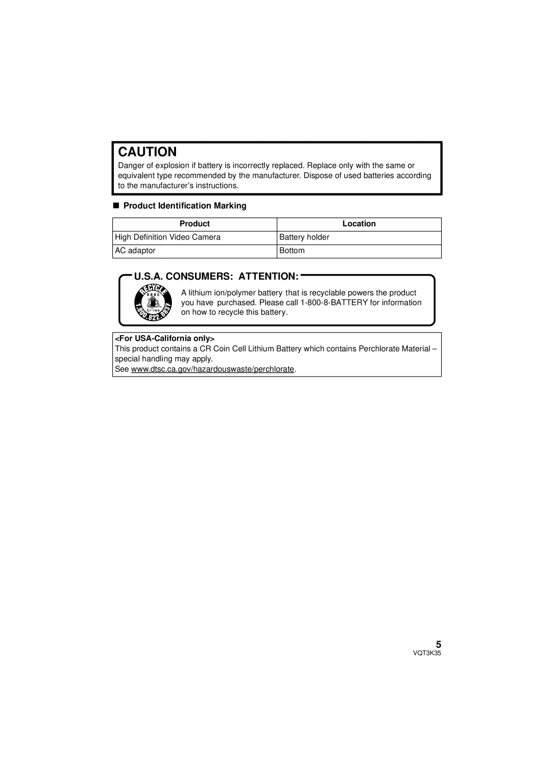 Panasonic HDC-SD800P A. Consumers Attention, Product Identification Marking, Product Location, For USA-California only 