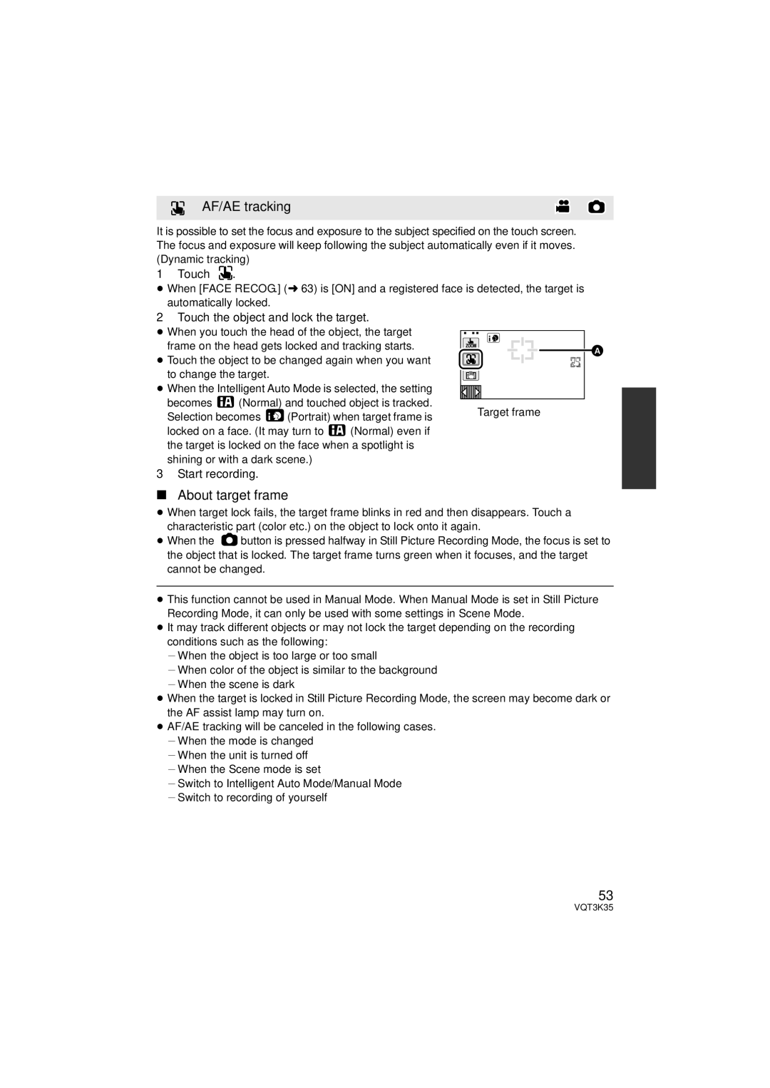 Panasonic HDC-SD800P owner manual AF/AE tracking, About target frame, Touch the object and lock the target, Start recording 