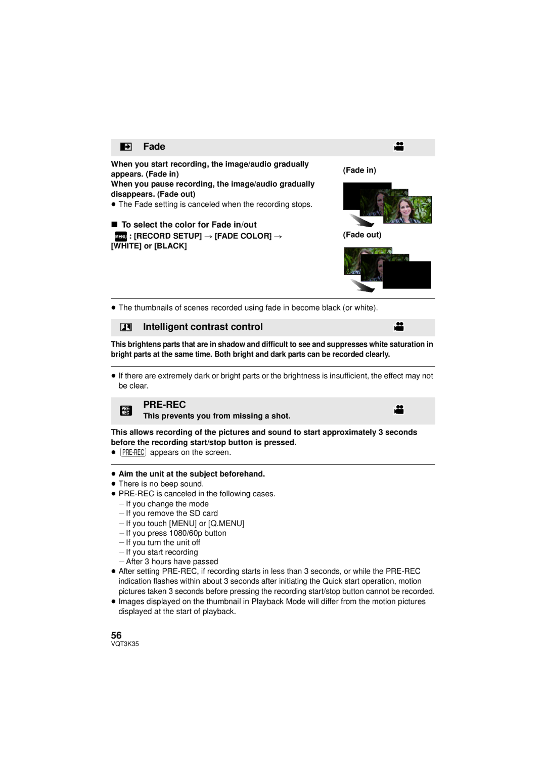 Panasonic HDC-SD800P owner manual Intelligent contrast control, Pre-Rec, To select the color for Fade in/out 