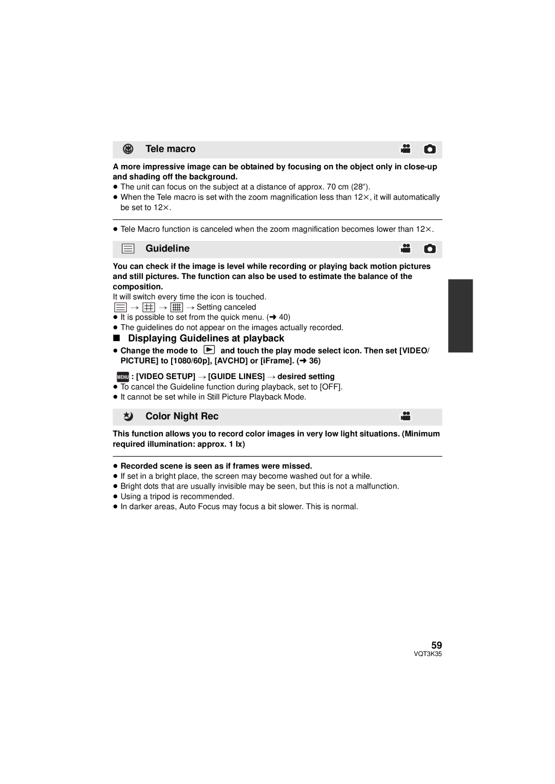 Panasonic HDC-SD800P owner manual Tele macro, Displaying Guidelines at playback, Color Night Rec 