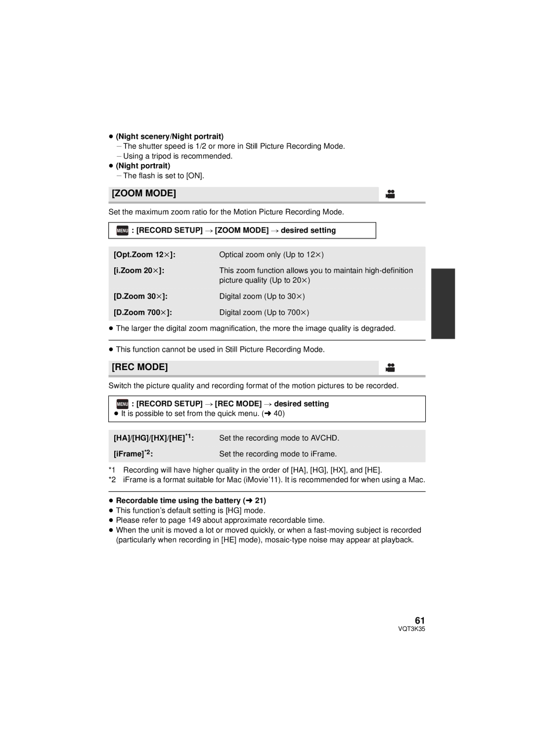 Panasonic HDC-SD800P owner manual Zoom Mode, REC Mode 