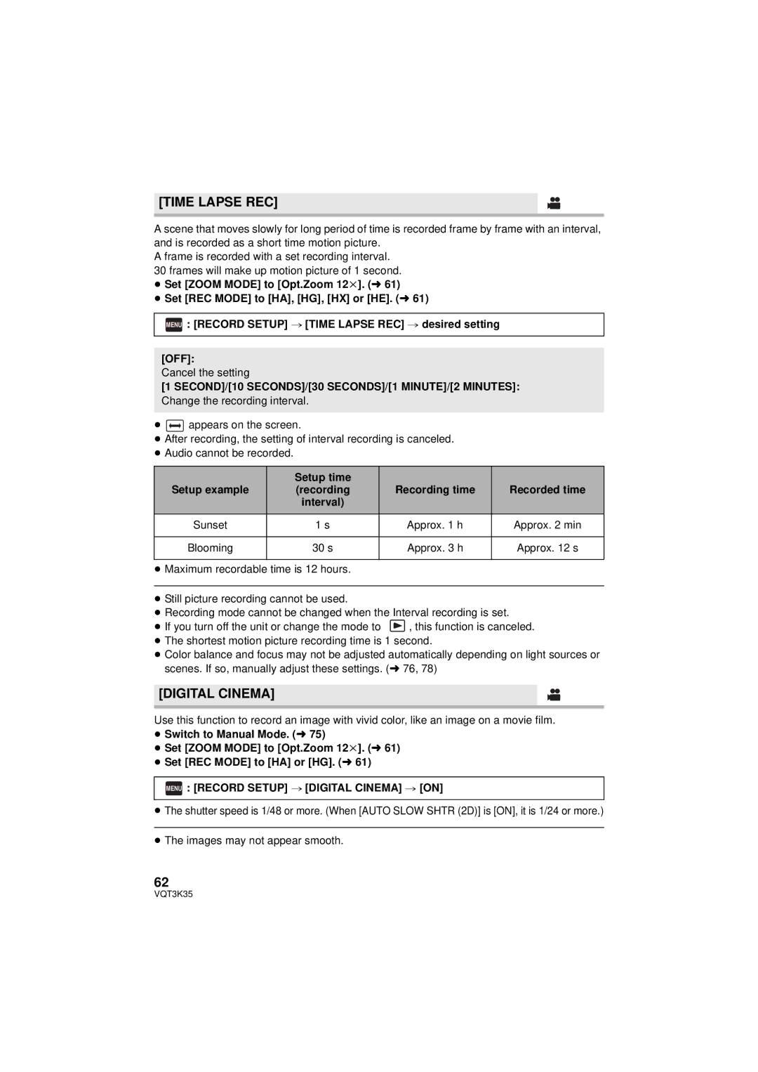 Panasonic HDC-SD800P owner manual Time Lapse REC, Setup time, Menu Record Setup # Digital Cinema # on 