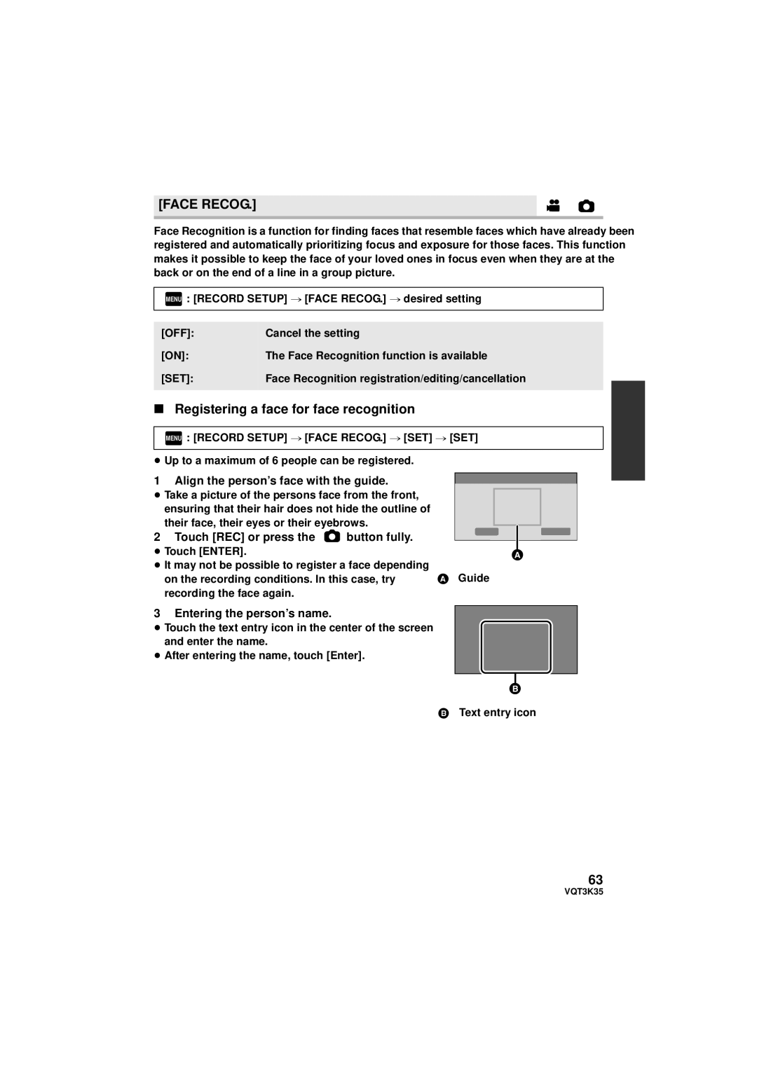 Panasonic HDC-SD800P Face Recog, Registering a face for face recognition, Align the person’s face with the guide 