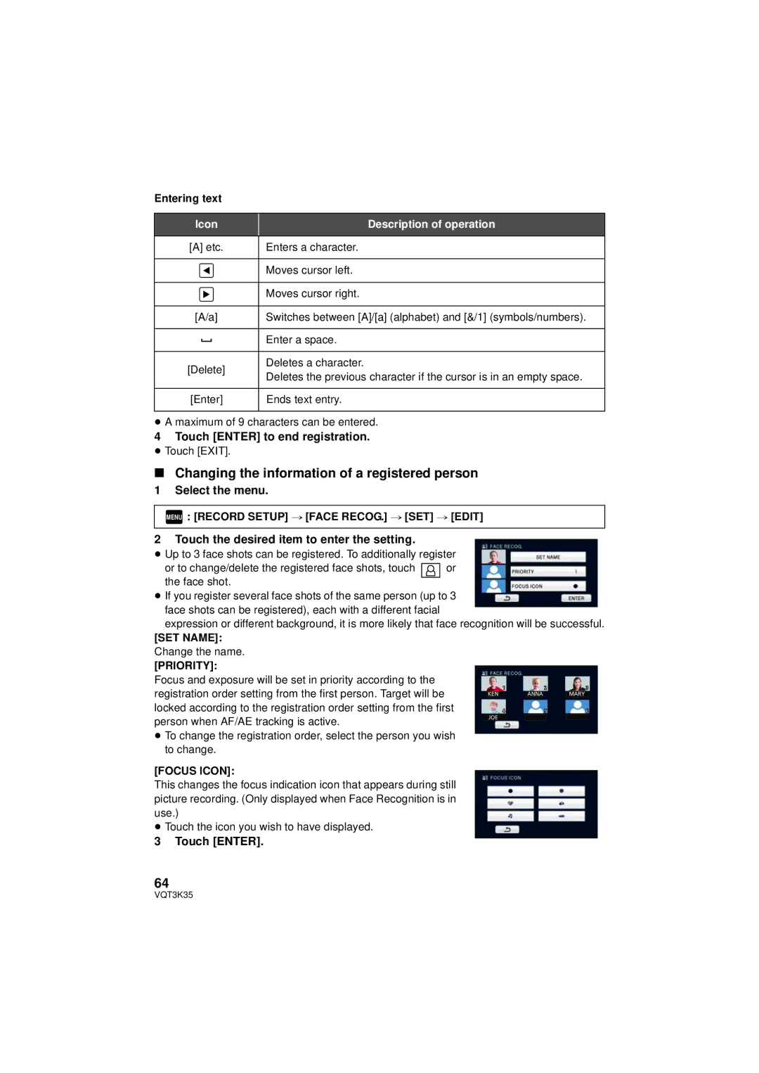 Panasonic HDC-SD800P Changing the information of a registered person, Touch Enter to end registration, Select the menu 