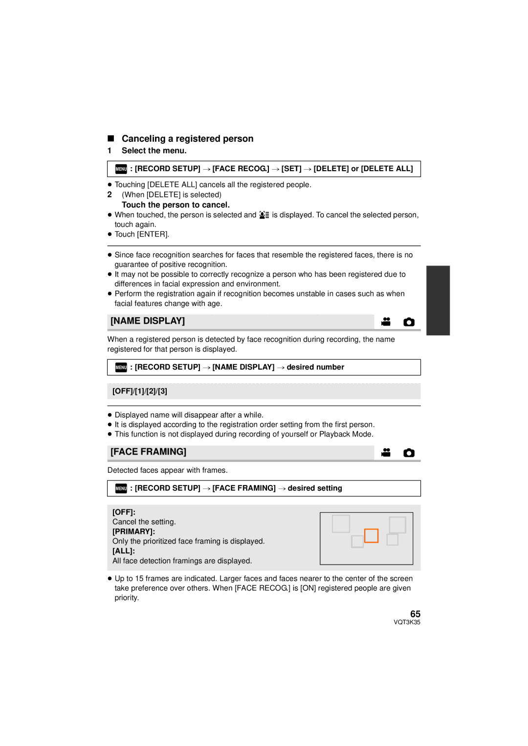 Panasonic HDC-SD800P Canceling a registered person, Name Display, Face Framing, Touch the person to cancel, Primary 