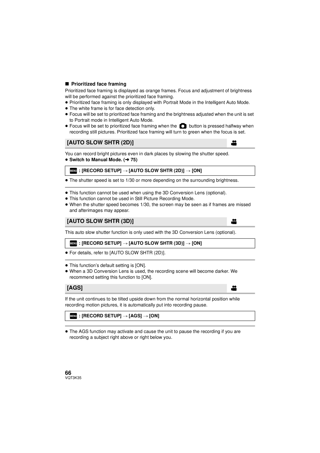 Panasonic HDC-SD800P owner manual Auto Slow Shtr 2D, Auto Slow Shtr 3D, Ags, Prioritized face framing 