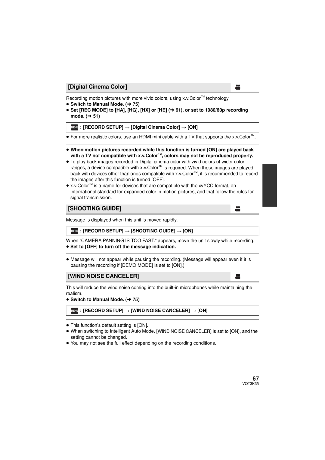 Panasonic HDC-SD800P owner manual Digital Cinema Color, Wind Noise Canceler, Menu Record Setup # Shooting Guide # on 