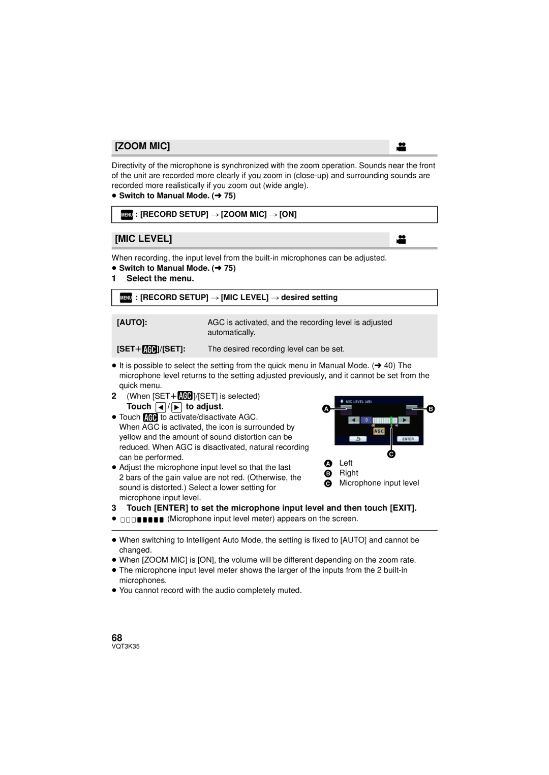 Panasonic HDC-SD800P owner manual MIC Level, Touch / to adjust, Menu Record Setup # Zoom MIC # on, Auto 