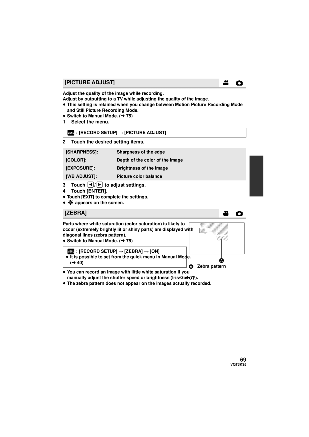 Panasonic HDC-SD800P owner manual Picture Adjust, Zebra, Touch the desired setting items 