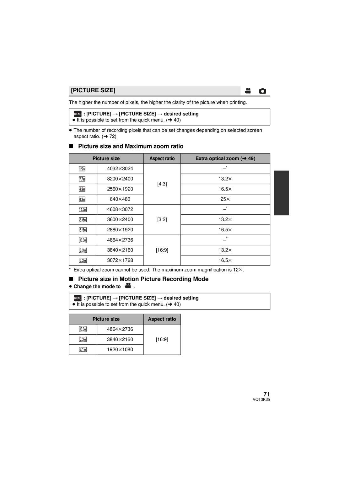 Panasonic HDC-SD800P Picture Size, Picture size and Maximum zoom ratio, Picture size in Motion Picture Recording Mode 