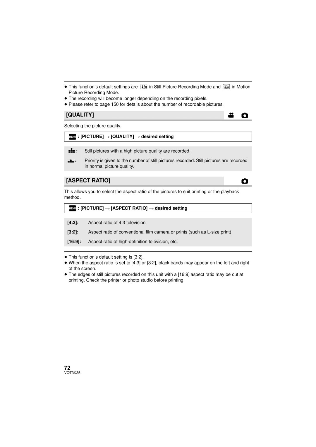 Panasonic HDC-SD800P owner manual Aspect Ratio, Selecting the picture quality, Menu Picture # Quality # desired setting 