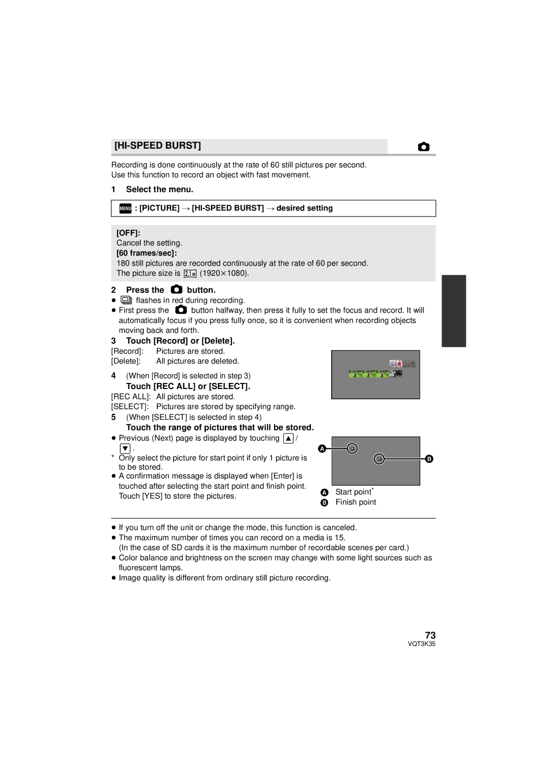 Panasonic HDC-SD800P owner manual HI-SPEED Burst, Press the button, Touch Record or Delete, Touch REC ALL or Select 