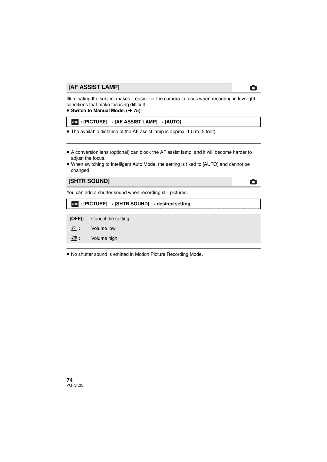 Panasonic HDC-SD800P owner manual Menu Picture # AF Assist Lamp # Auto, Menu Picture # Shtr Sound # desired setting 