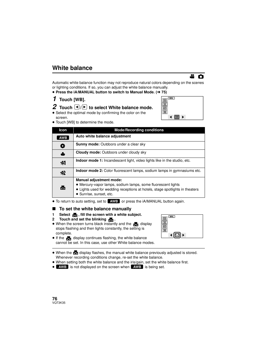 Panasonic HDC-SD800P owner manual Touch WB Touch / to select White balance mode, To set the white balance manually 