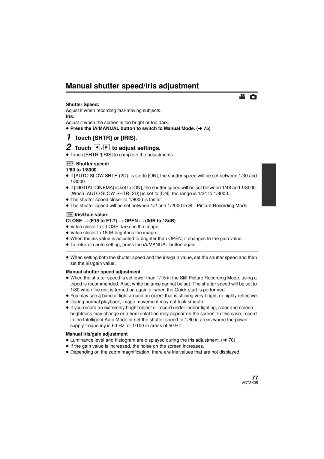 Panasonic HDC-SD800P owner manual Manual shutter speed/iris adjustment, Touch Shtr or Iris Touch / to adjust settings 