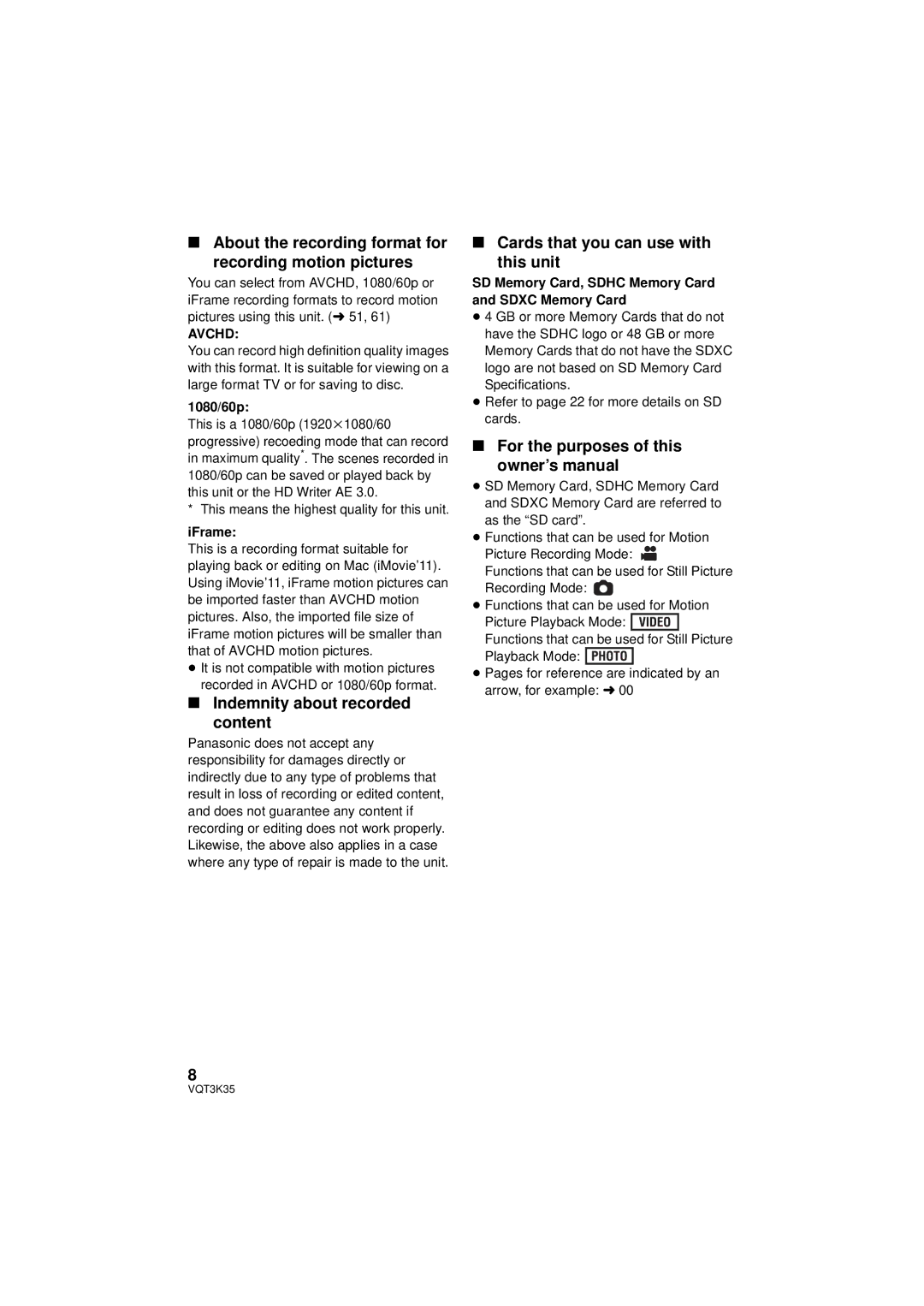 Panasonic HDC-SD800P About the recording format for recording motion pictures, Indemnity about recorded content, Avchd 