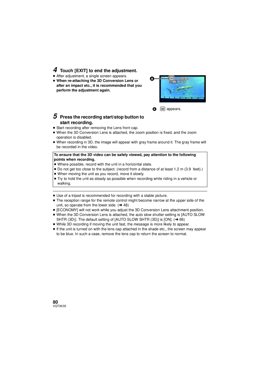 Panasonic HDC-SD800P Touch Exit to end the adjustment, Press the recording start/stop button to start recording 