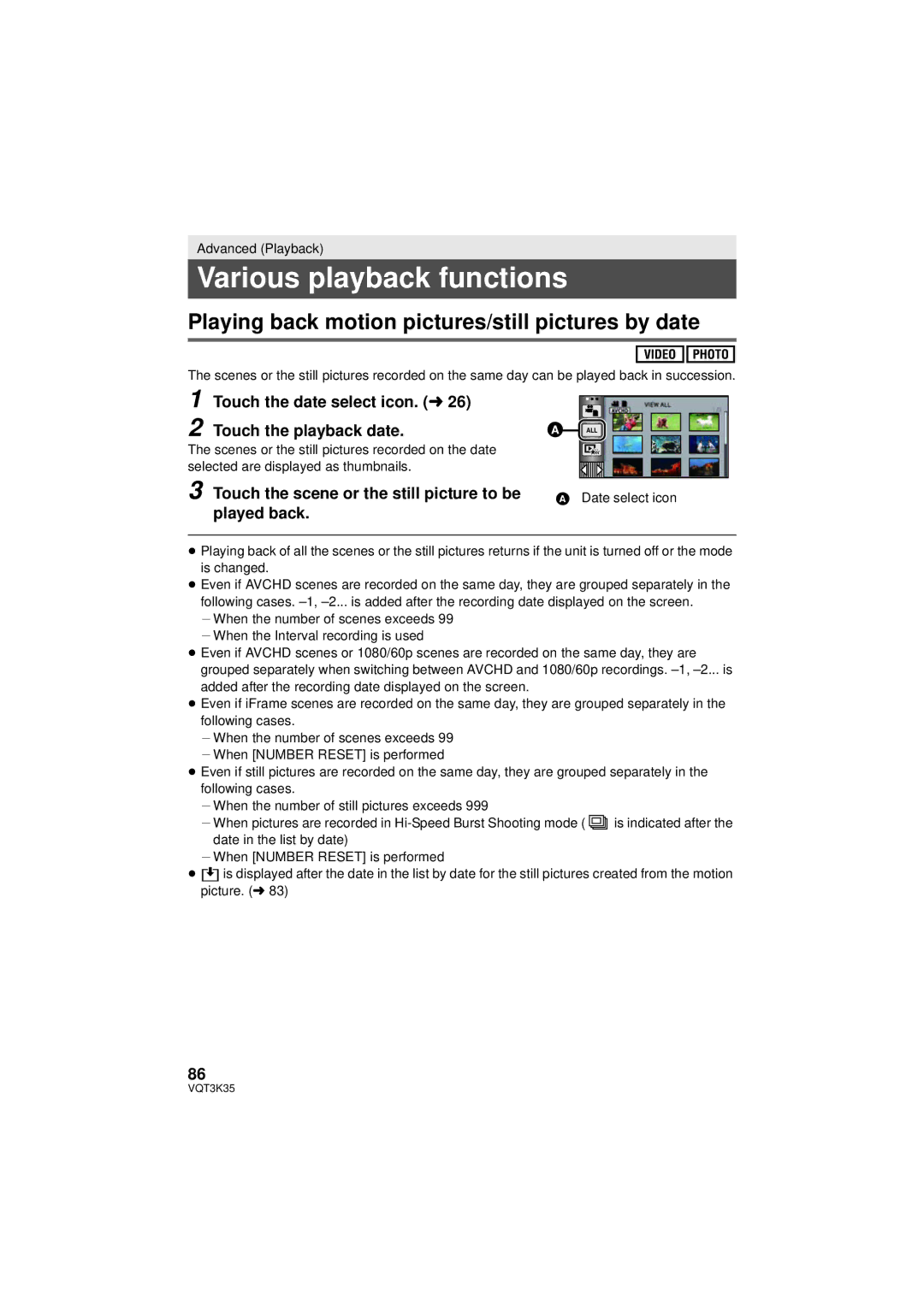 Panasonic HDC-SD800P owner manual Various playback functions, Playing back motion pictures/still pictures by date 