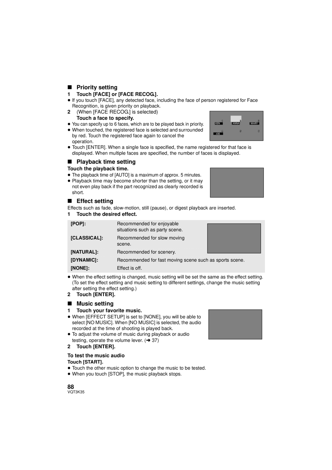 Panasonic HDC-SD800P owner manual Priority setting, Playback time setting, Effect setting, Music setting 