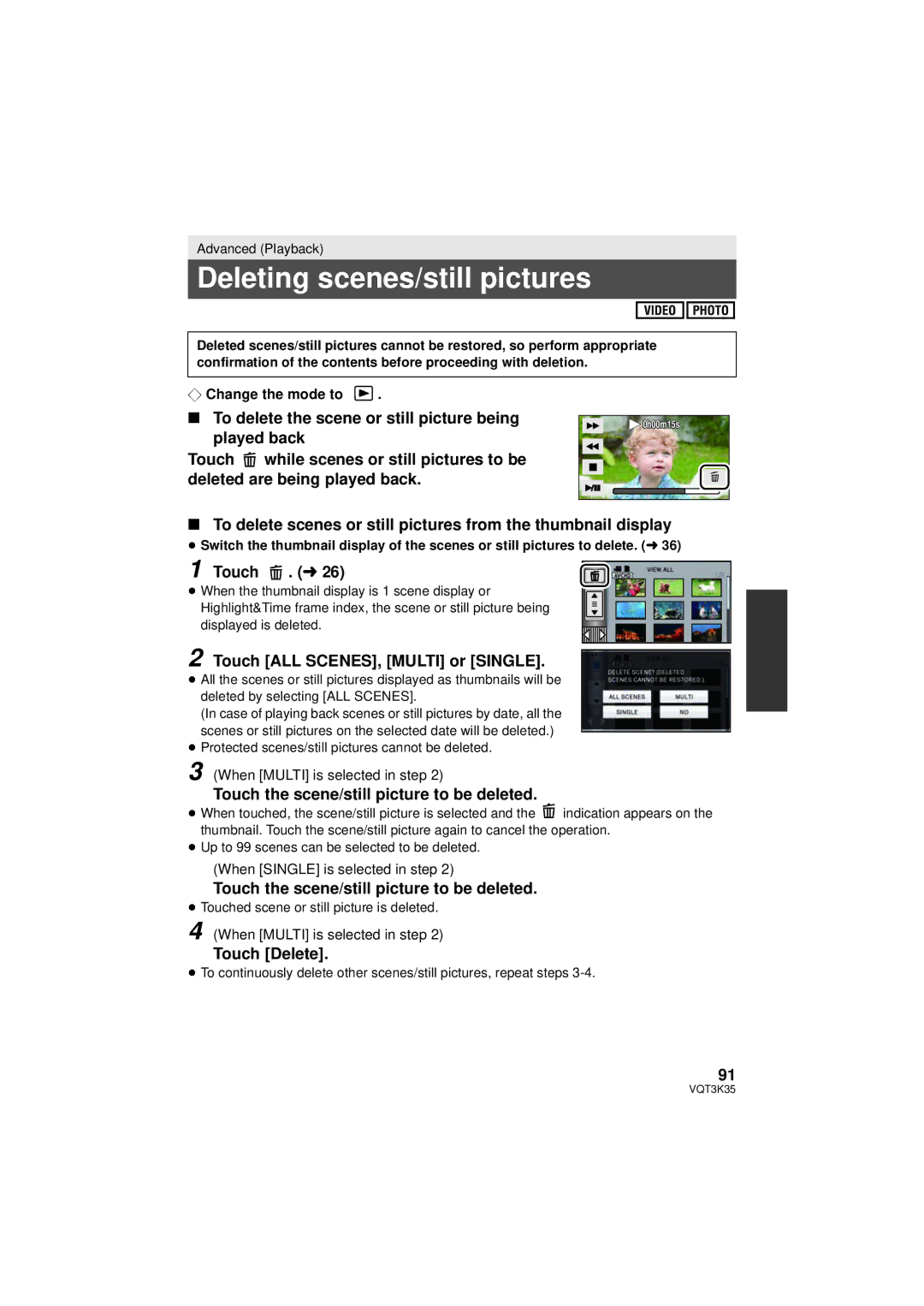 Panasonic HDC-SD800P owner manual Deleting scenes/still pictures, Touch ALL SCENES, Multi or Single, Touch Delete 