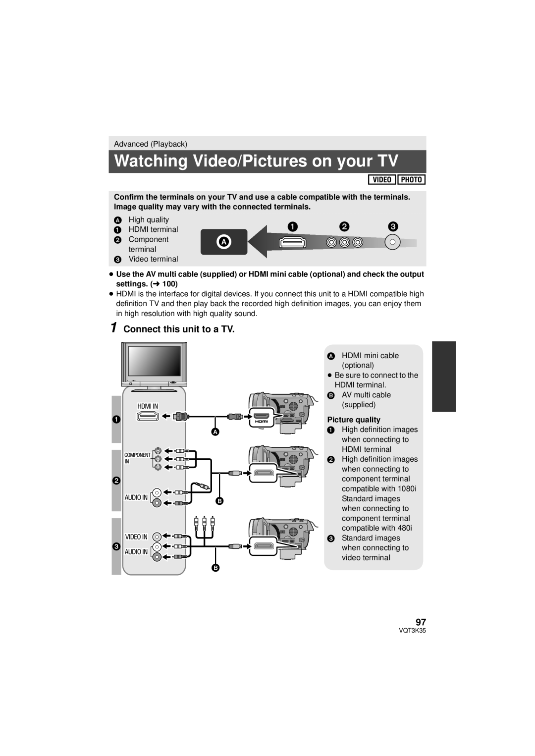 Panasonic HDC-SD800P owner manual Watching Video/Pictures on your TV, Connect this unit to a TV, Picture quality 