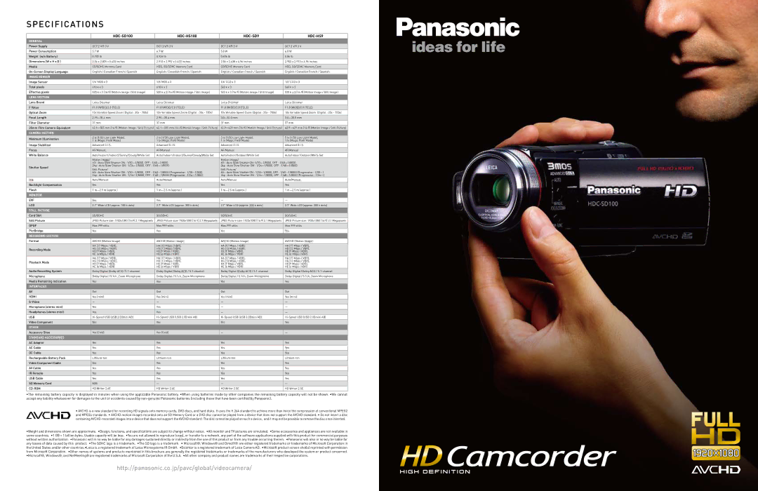 Panasonic specifications Specifications, HDC-SD100 HDC-HS100 HDC-SD9 HDC-HS9 