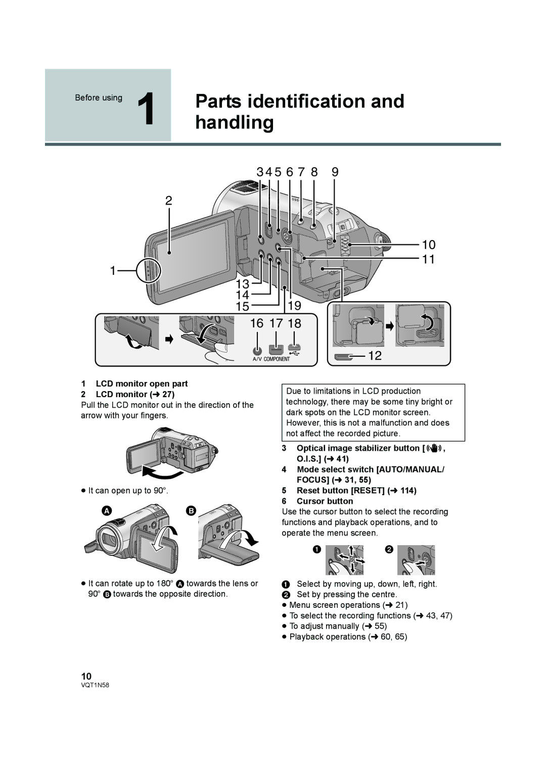 Panasonic HDC-SD9D operating instructions Parts identification, Handling, LCD monitor open part LCD monitor l 