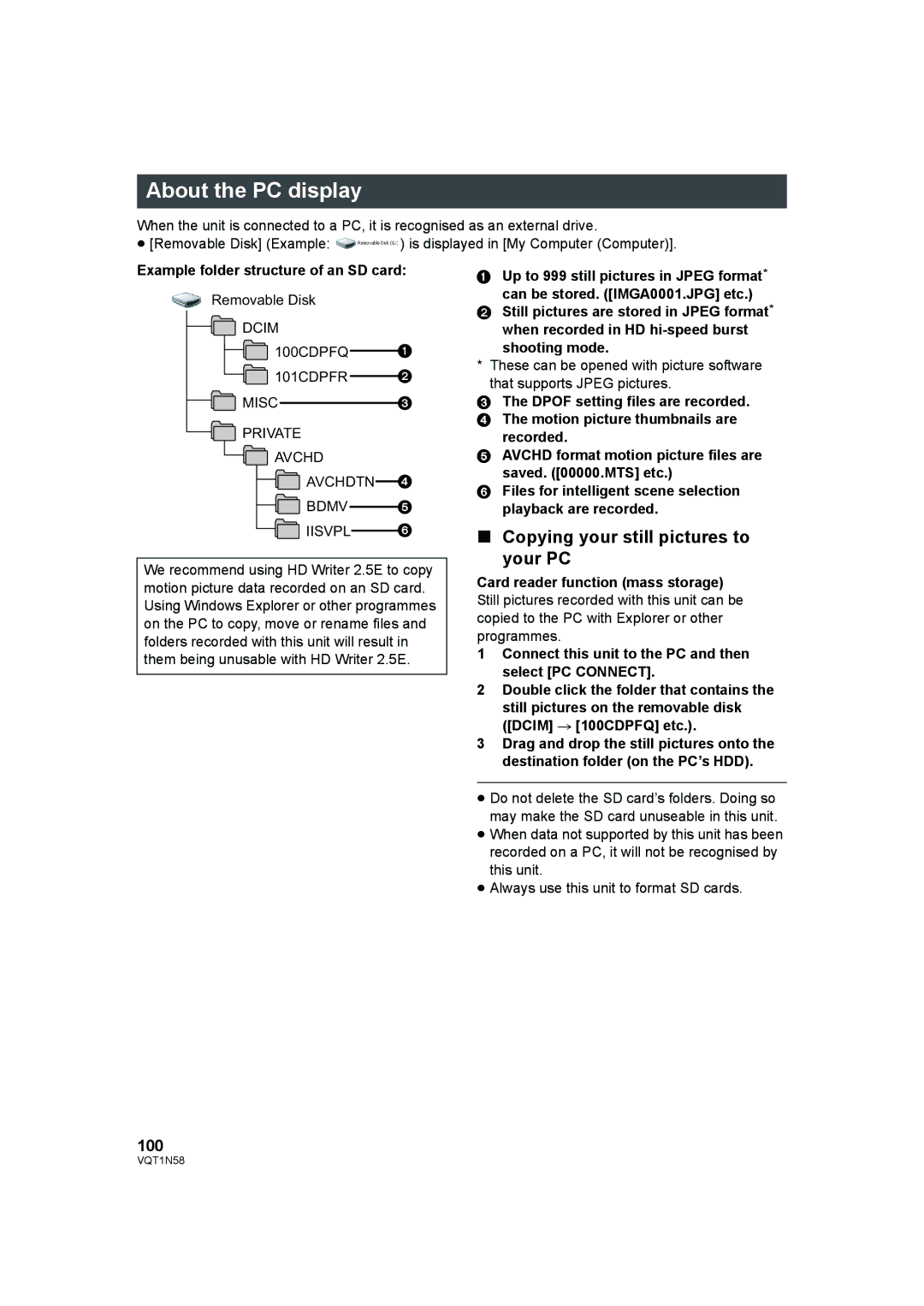 Panasonic HDC-SD9D operating instructions About the PC display, Copying your still pictures to your PC, 100, Shooting mode 