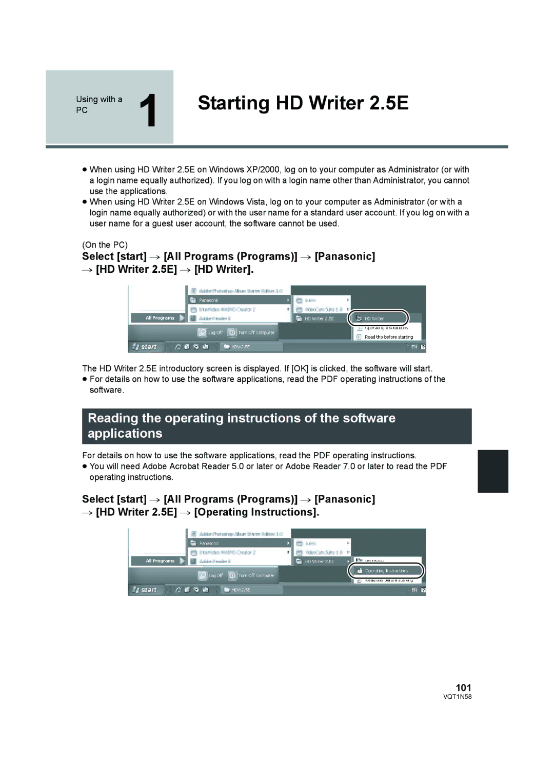 Panasonic HDC-SD9D operating instructions Starting HD Writer 2.5E, 101 