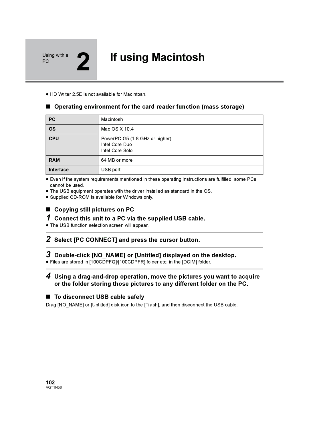 Panasonic HDC-SD9D operating instructions If using Macintosh, 102 