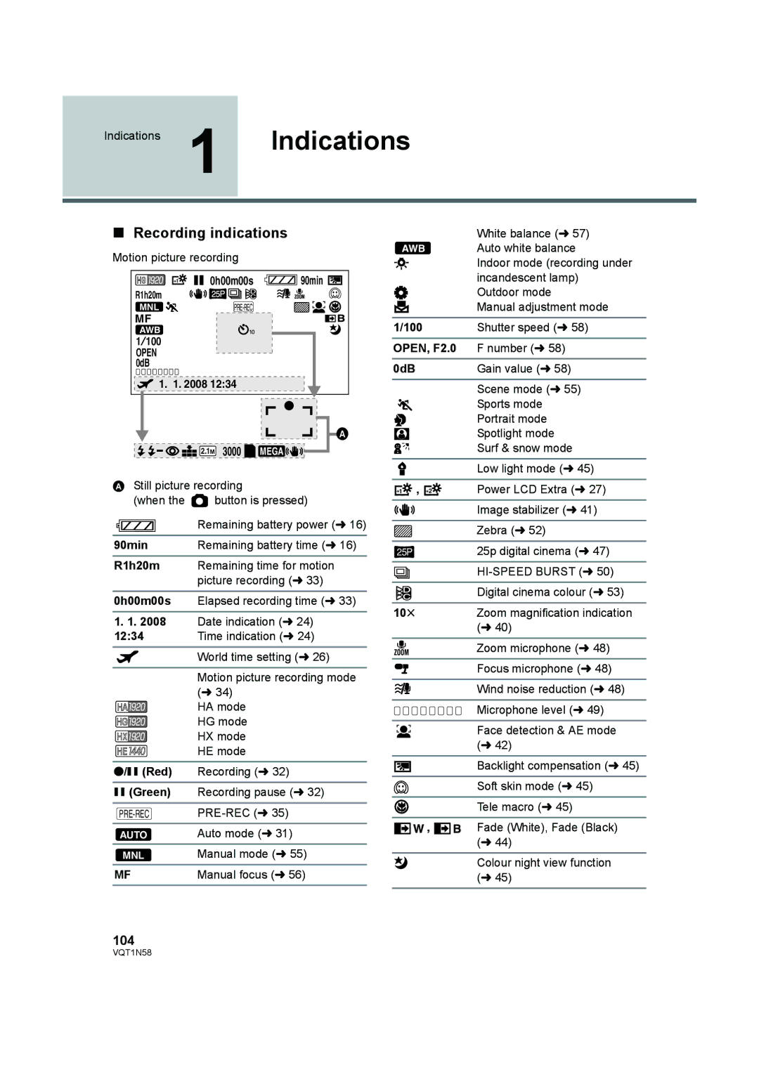 Panasonic HDC-SD9D operating instructions Recording indications, 104 