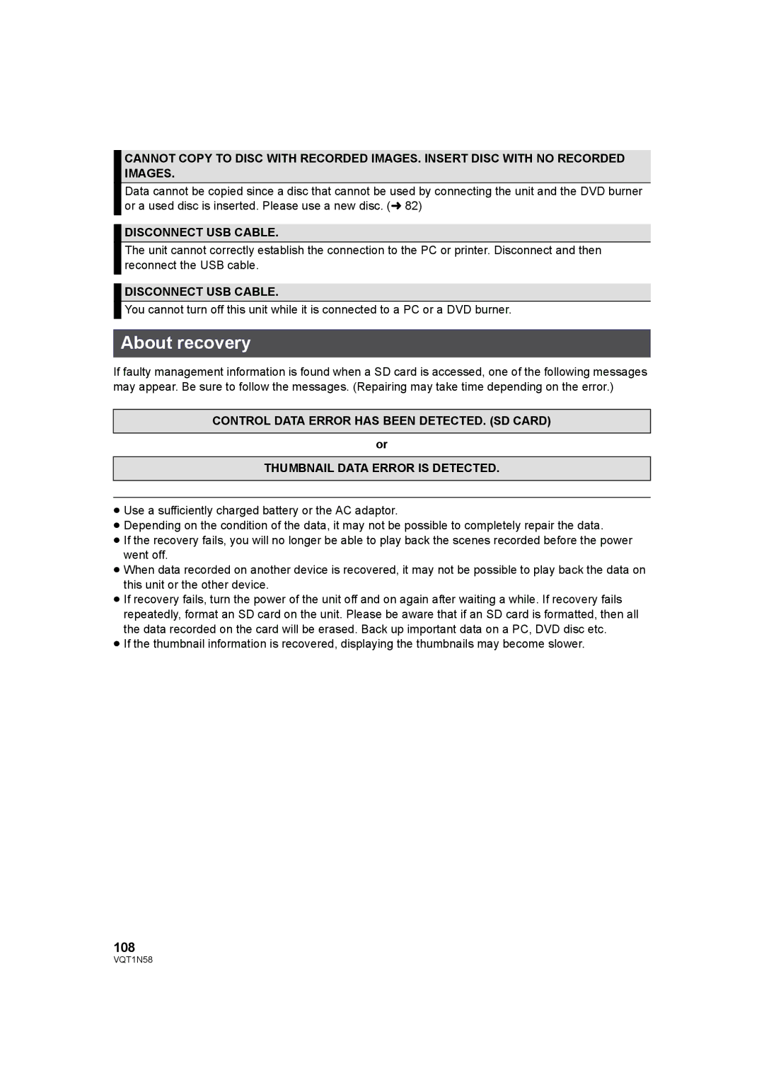 Panasonic HDC-SD9D operating instructions About recovery, 108, Disconnect USB Cable 