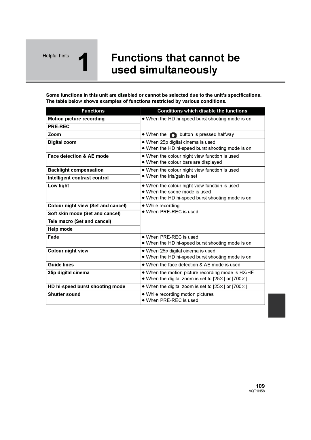 Panasonic HDC-SD9D operating instructions Functions that cannot be, Used simultaneously, 109, Pre-Rec 