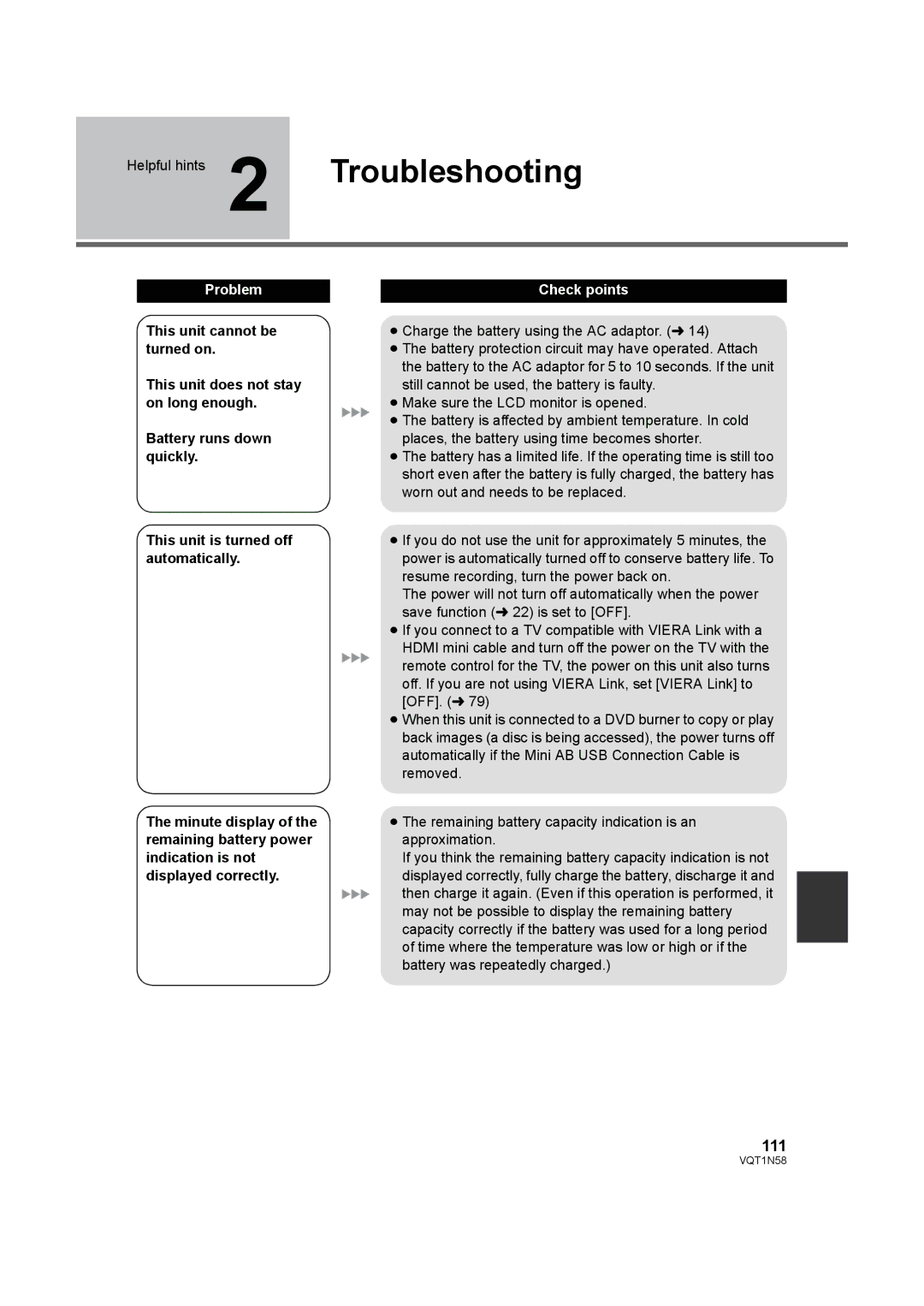 Panasonic HDC-SD9D operating instructions Troubleshooting, 111 