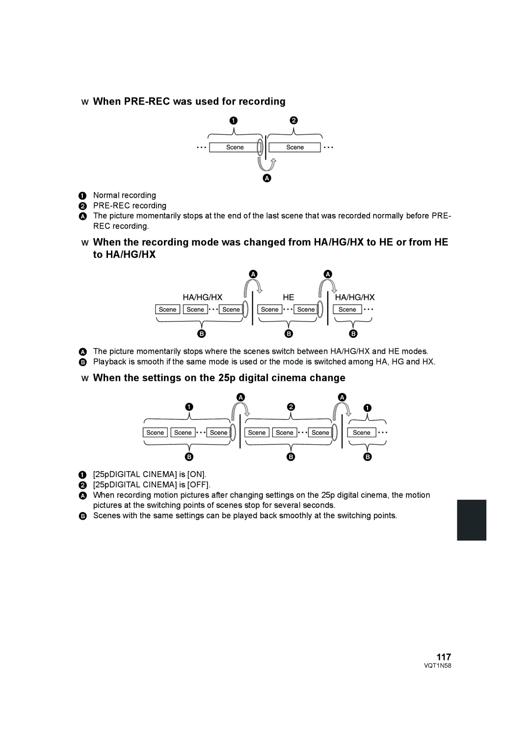 Panasonic HDC-SD9D When PRE-REC was used for recording, When the settings on the 25p digital cinema change, 117 