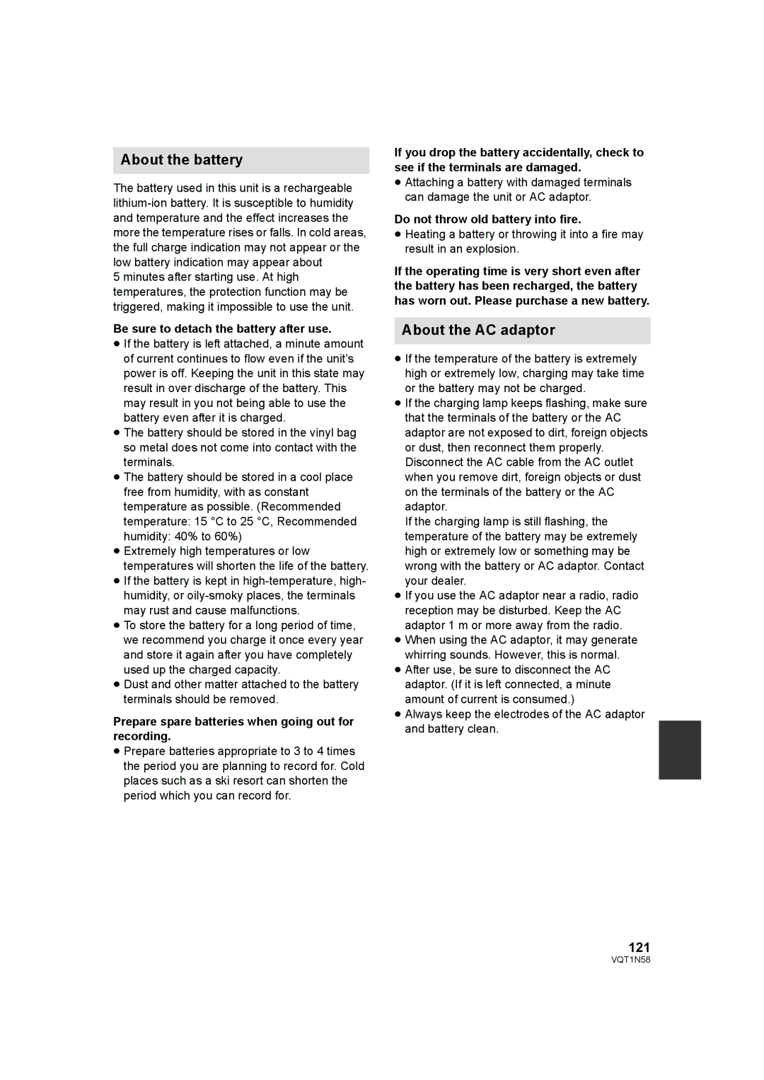 Panasonic HDC-SD9D operating instructions About the battery, About the AC adaptor, 121 