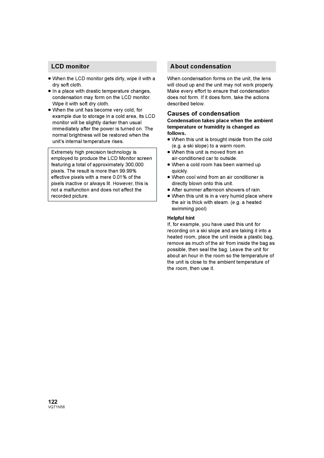 Panasonic HDC-SD9D operating instructions LCD monitor, About condensation, Causes of condensation, 122, Helpful hint 