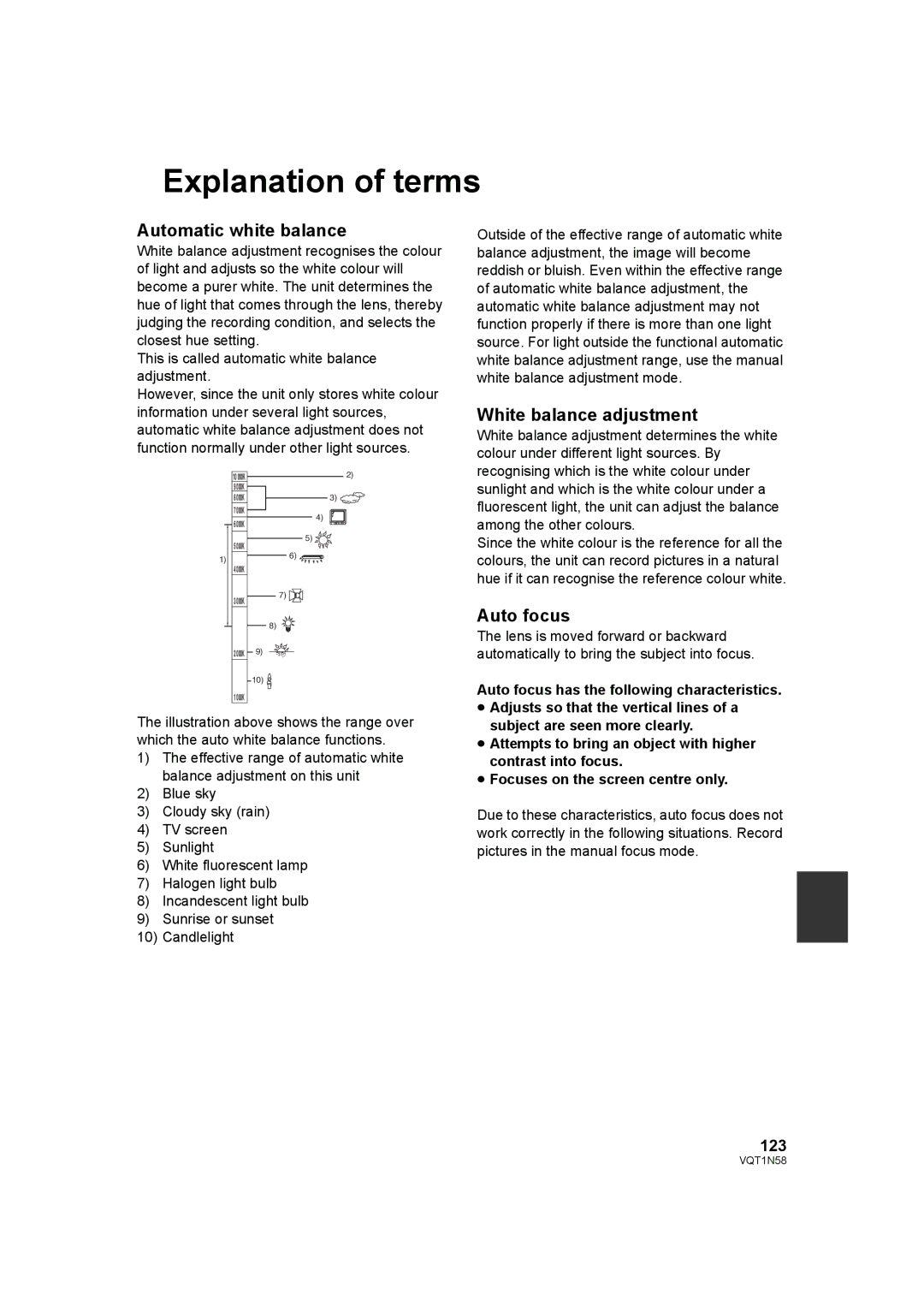 Panasonic HDC-SD9D Explanation of terms, Automatic white balance, White balance adjustment, Auto focus, 123 