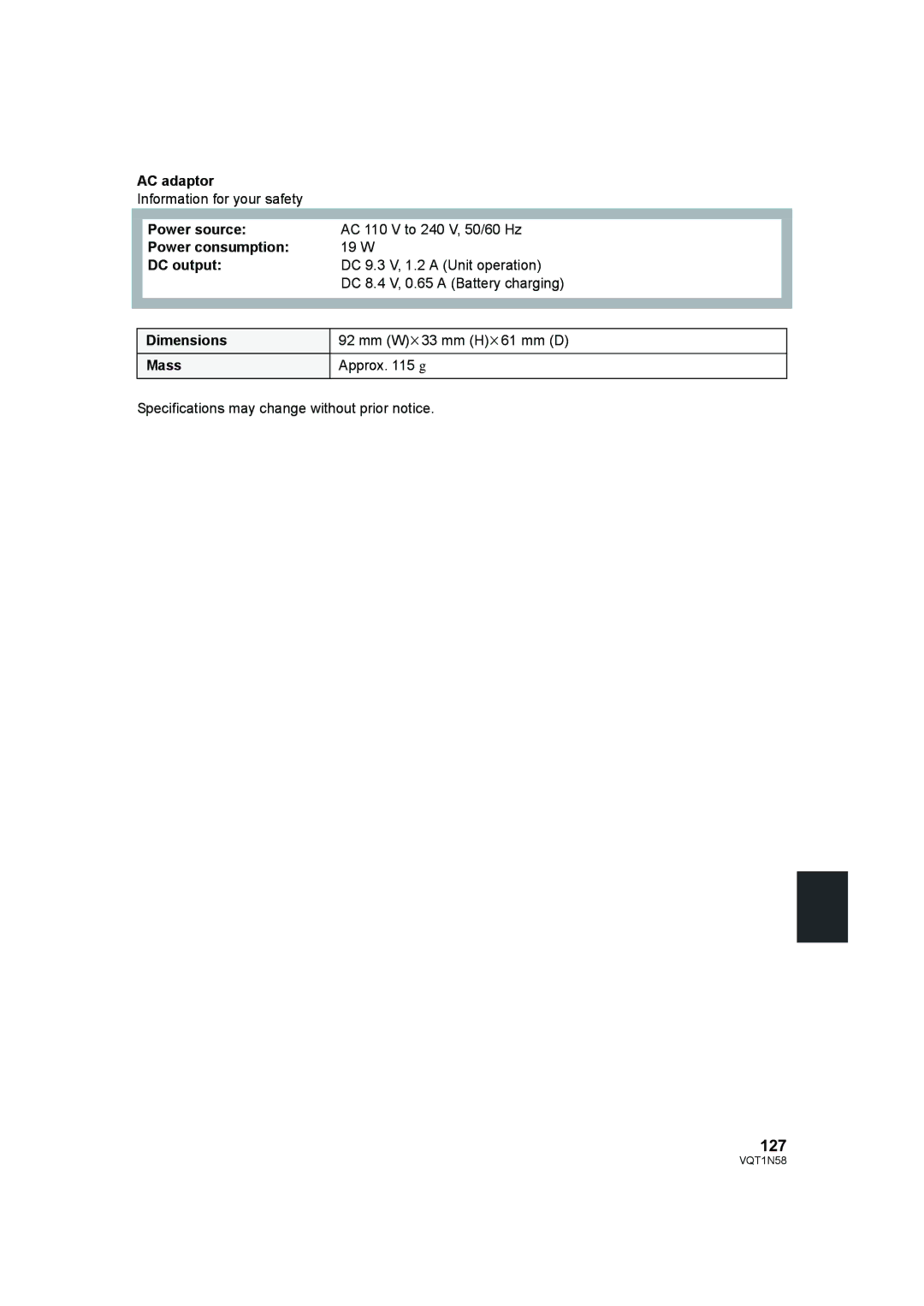 Panasonic HDC-SD9D operating instructions 127, DC output 