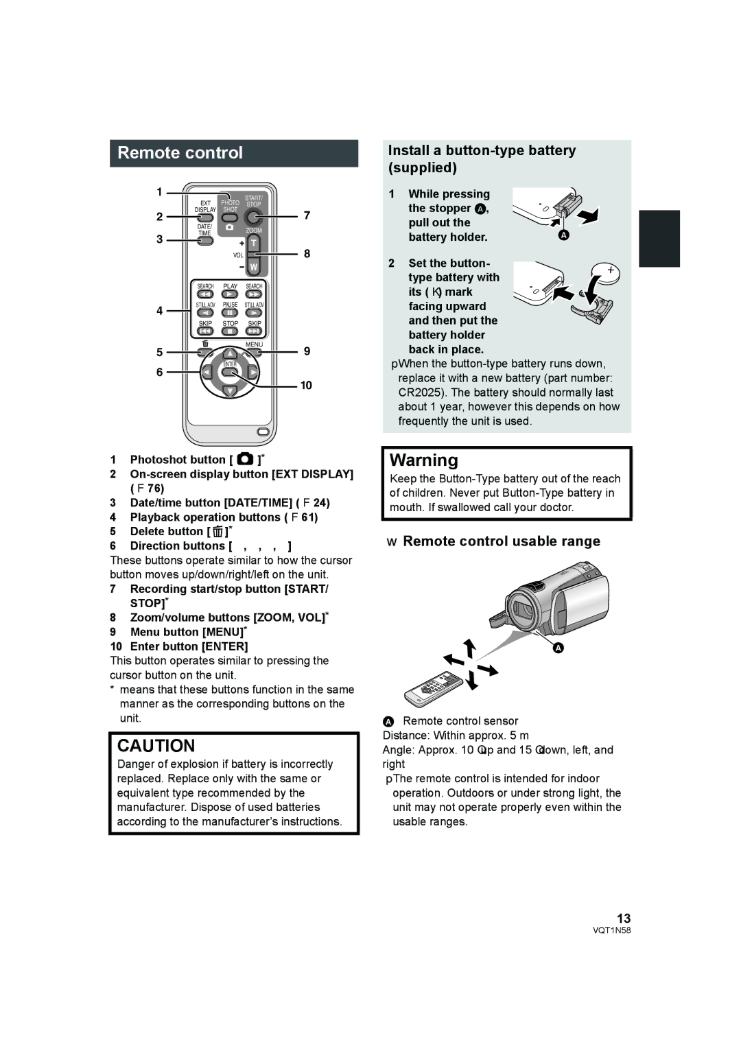 Panasonic HDC-SD9D operating instructions Install a button-type battery supplied, Remote control usable range 