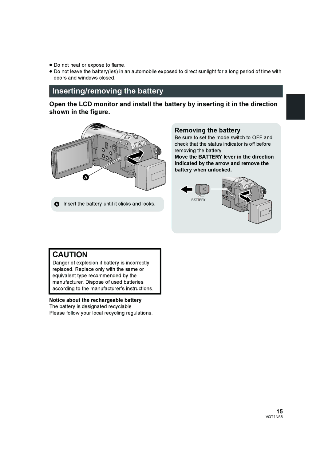 Panasonic HDC-SD9D operating instructions Inserting/removing the battery 