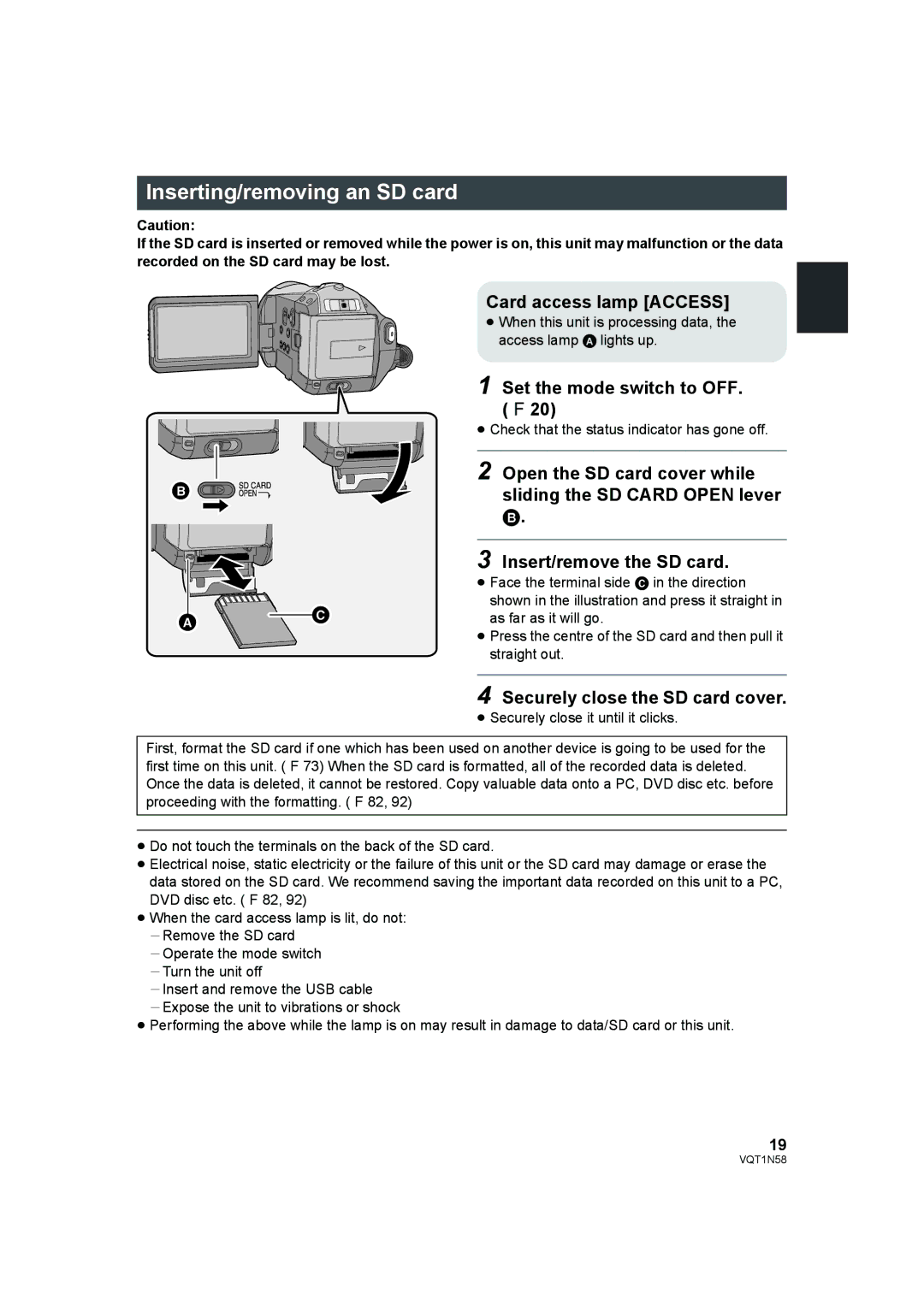 Panasonic HDC-SD9D Inserting/removing an SD card, Card access lamp Access, Set the mode switch to OFF. l 