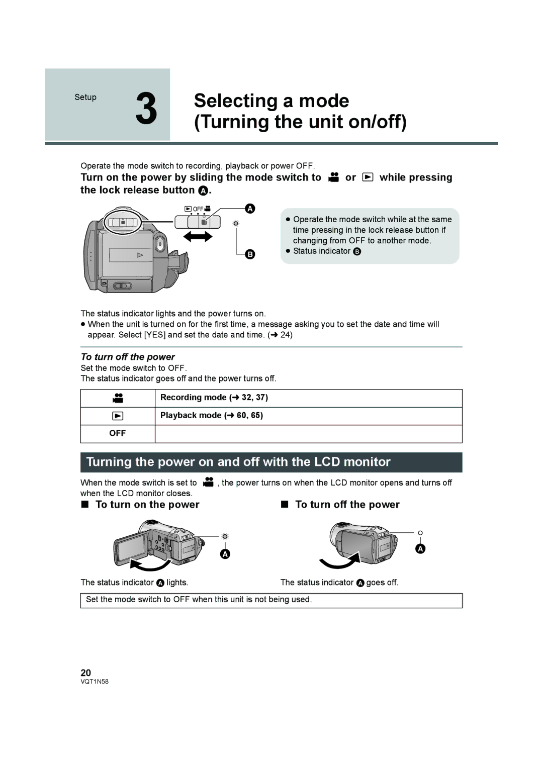 Panasonic HDC-SD9D Selecting a mode, Turning the unit on/off, Turning the power on and off with the LCD monitor, Off 