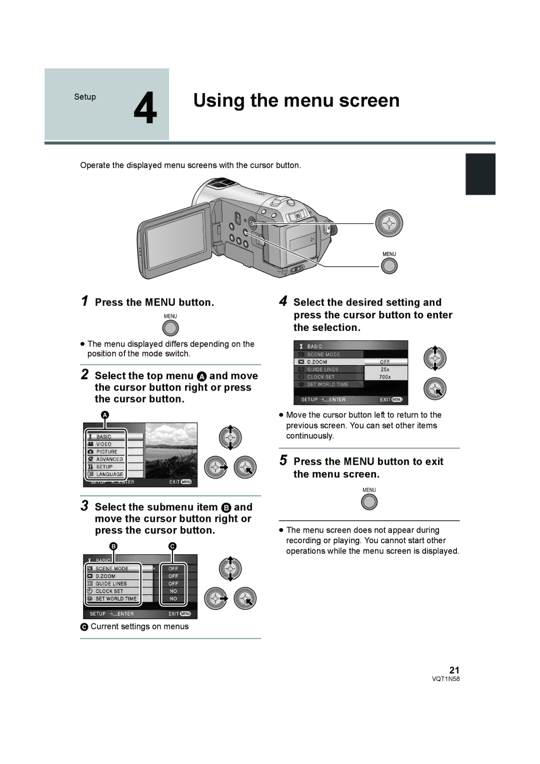 Panasonic HDC-SD9D operating instructions Setup 4 Using the menu screen, Press the Menu button to exit the menu screen 