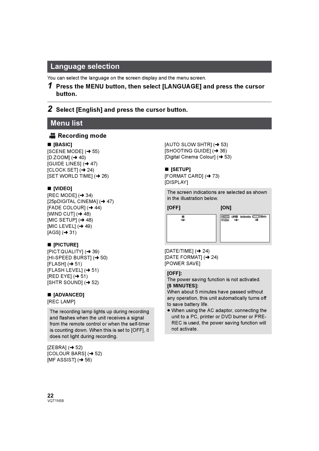 Panasonic HDC-SD9D operating instructions Language selection, Menu list, Recording mode 