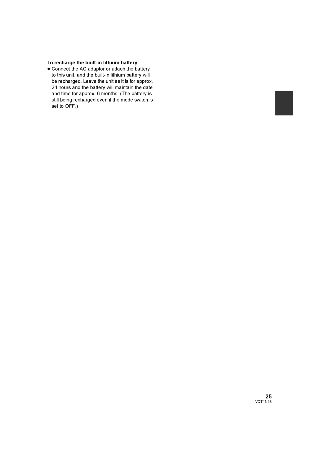 Panasonic HDC-SD9D operating instructions To recharge the built-in lithium battery 